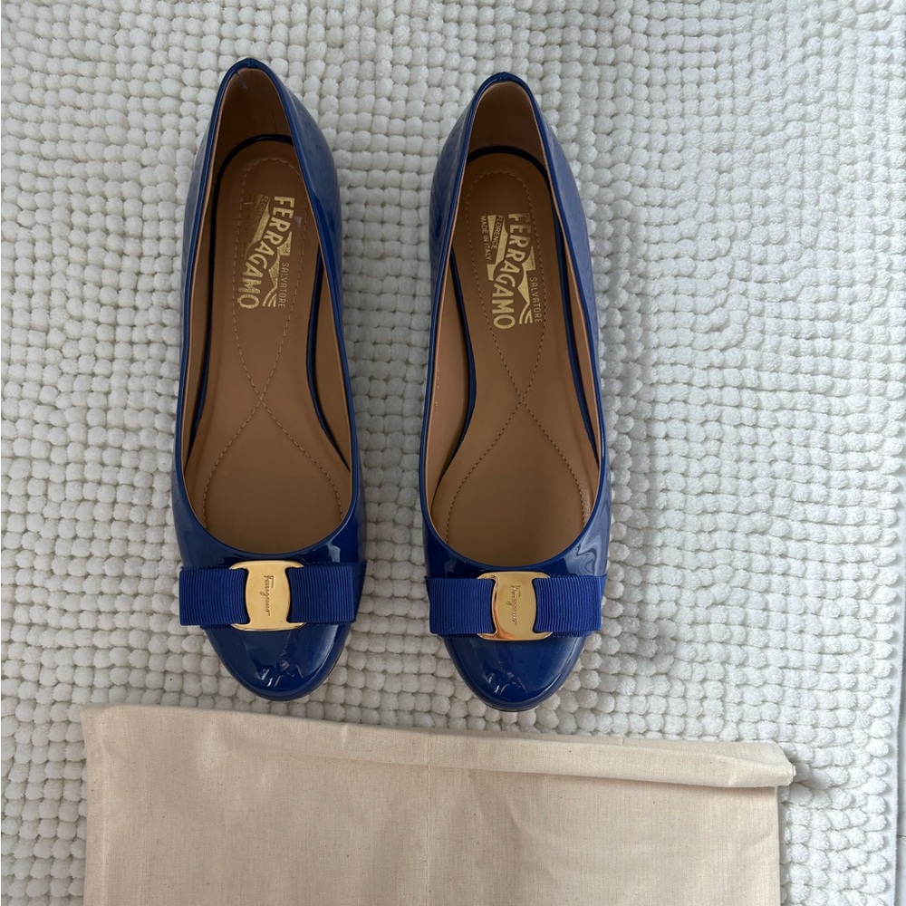 Salvatore Ferragamo Royal Blue Patent Flats with Gold Buckle ✨BRAND NEW✨